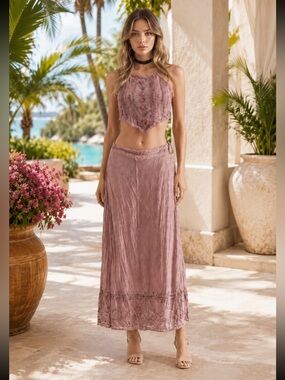 Shoreline Dusty Rose Boho Halter Crop Top & Maxi Skirt Set